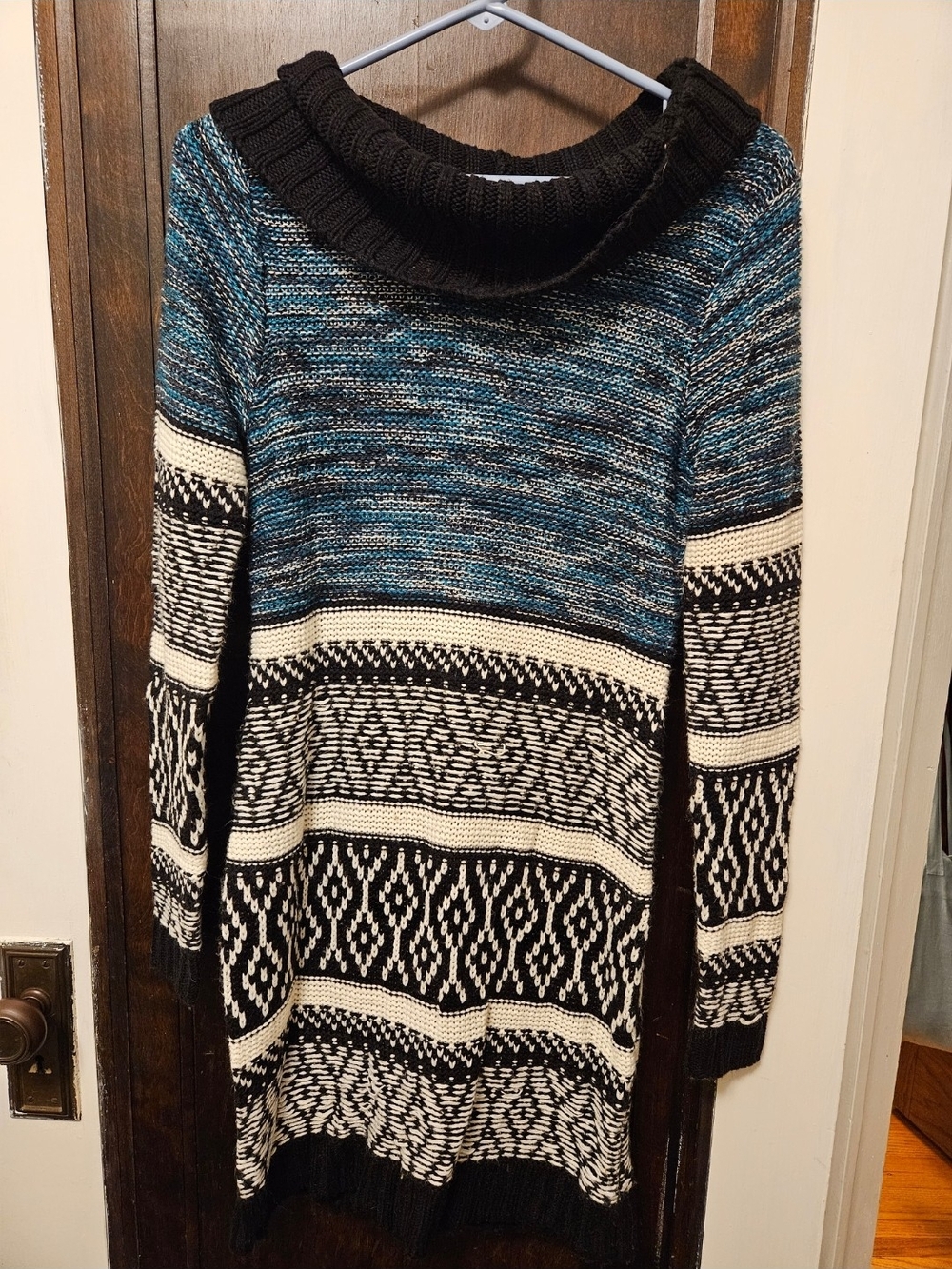 Maurices Black, Cream & Teal Patterned Cowl-Neck Sweater